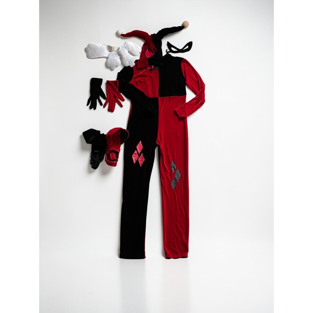 Rubies Harley Quinn Red/Black Jester Bodysuit Costume Set Complete Outfit M